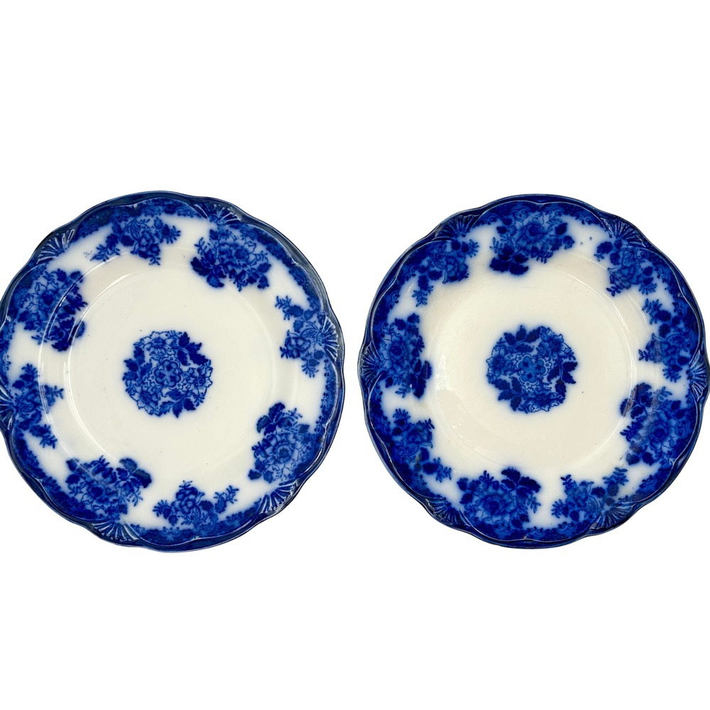 Antique New Wharf Pottery Waldorf Flow Blue 9.75" Plates Set of 2 England Floral
